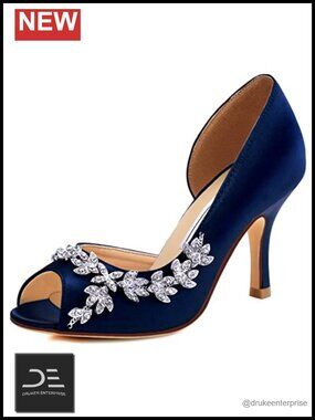 Satin Rhinestone Peep Toe High Heel Wedding Pumps 3" Heel